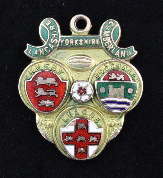 An early 1930s 9ct and polychrome enamel Rugby Football League related medallion, 1.25in.